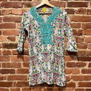 Roller Rabbit Tunic Embroidered Neckline Floral Fruit Bird XS